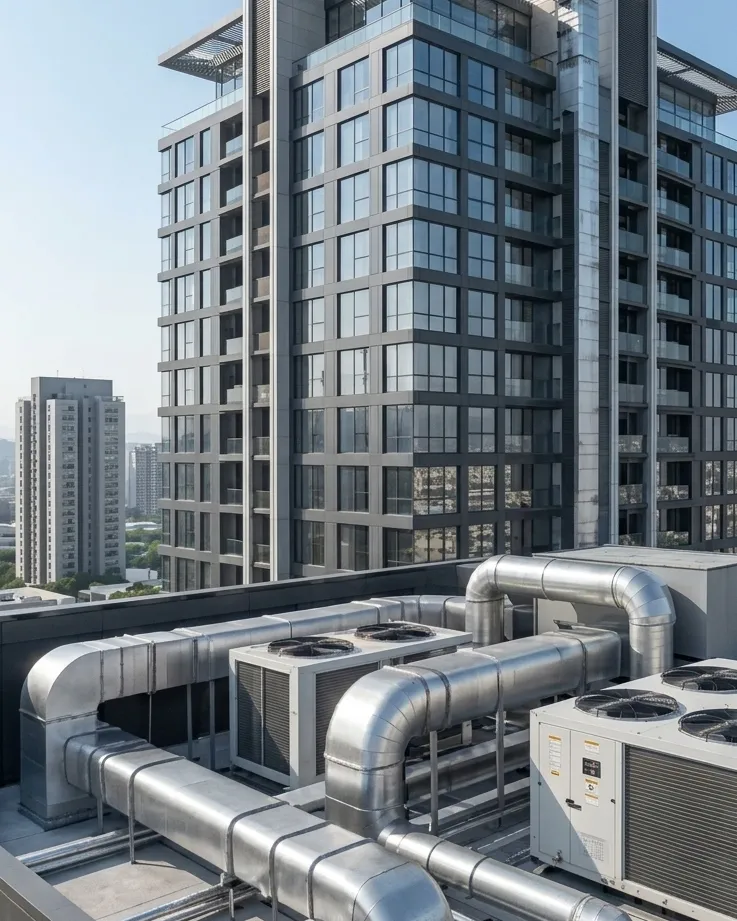 Ductería y equipos HVAC en azotea de edificio