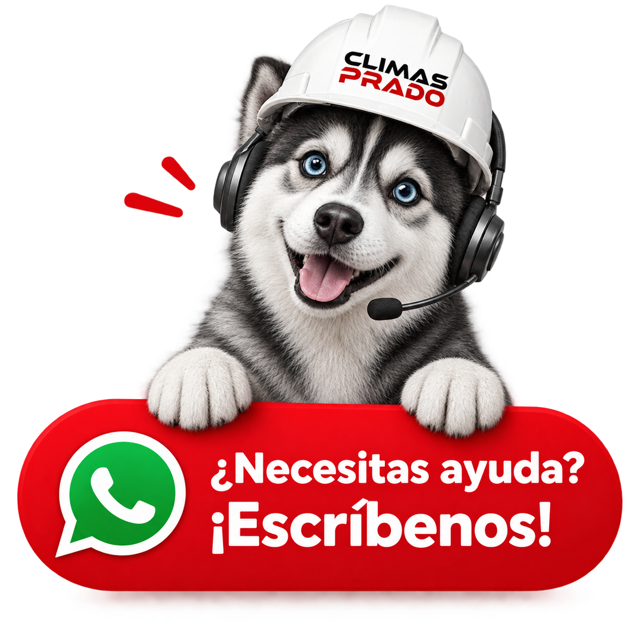 Mascota husky de Climas Prado: ¿Necesitas ayuda? ¡Escríbenos por WhatsApp!